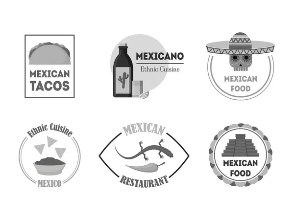 Cartoon Silhouette Black Mexican Food Badges or Labels Set (dalam bahasa Inggris). Vektor - Stok Vektor