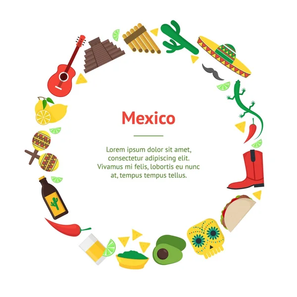 Kartun Mexican Culture Banner Card Circle. Vektor - Stok Vektor
