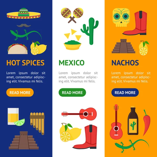 Cartoon Mexican Culture Color Banner Vecrtical Set Vector - Stok Vektor