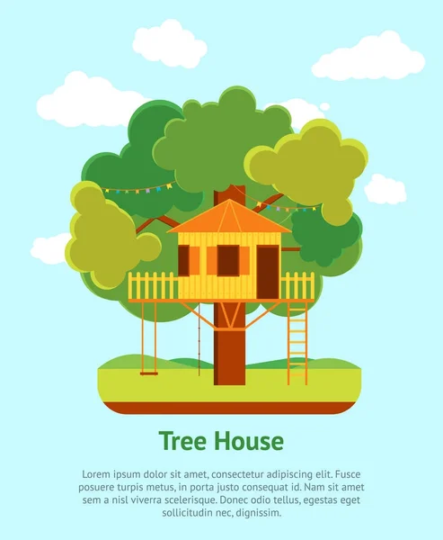 Cartel de la tarjeta de la casa del árbol de dibujos animados. Vector — Vector de stock