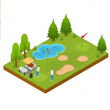 Golf kavramı kompozisyon 3d izometrik görünümü. Vektör