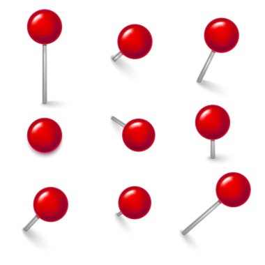 Gerçekçi detaylı 3d kırmızı itme Pins farklı açılardan küme. Vektör