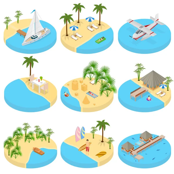 Set de vacaciones en la playa Iconos 3d Vista isométrica. Vector — Vector de stock