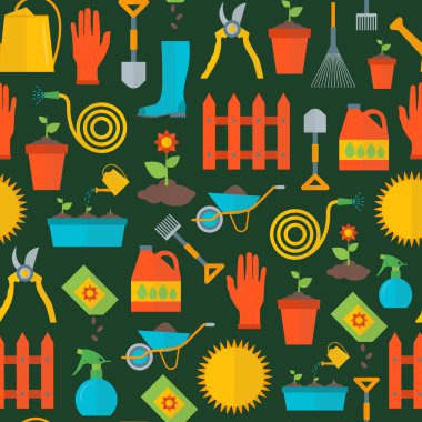 Çizgi film Bahçe ekipman arka plan deseni. Vektör