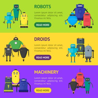 Çizgi film sevimli oyuncak robotlar afiş yatay küme. Vektör
