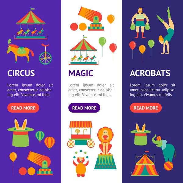 Dibujos animados circo Banner Vecrtical conjunto. Vector de — Vector de stock