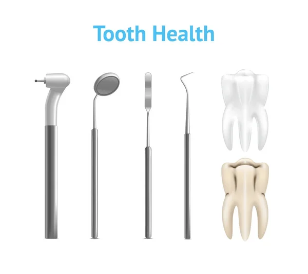 Ρεαλιστική μεταλλικών Οδοντιατρικά μηχανήματα ή όργανα σετ και δόντια λεύκανση κάρτα αφίσα. Διάνυσμα — Διανυσματικό Αρχείο