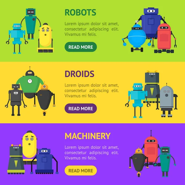 Çizgi film sevimli oyuncak robotlar afiş yatay küme. Vektör