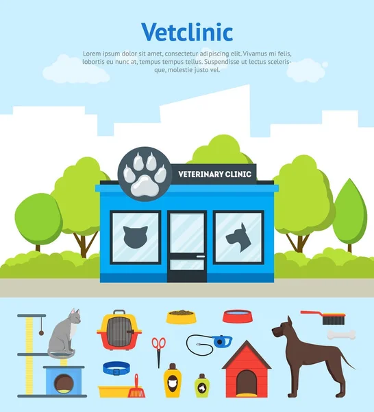 Çizgi film veteriner Kliniği bina kartı Poster ve öğeleri kümesi. Vektör — Stok Vektör