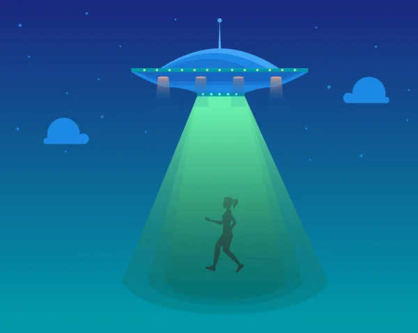 Cartoon Aliens Spaceship or UFO Takes Girl (en inglés). Vector — Archivo Imágenes Vectoriales