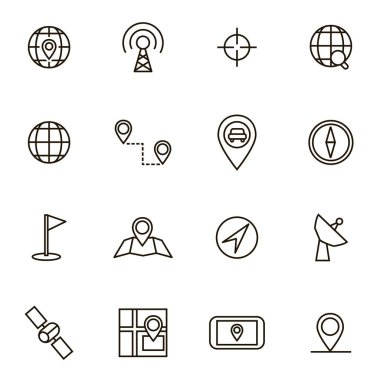 Geolocation gezinti siyah ince çizgi Icon Set. Vektör