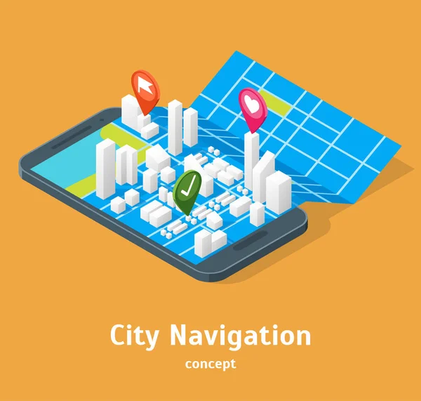 Mobile GPS City Navigation Maps Concept Vue Isométrique 3d. Vecteur — Image vectorielle