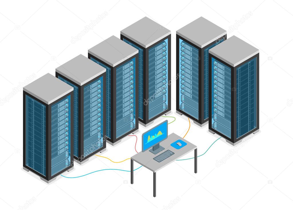 Data Center with Furniture and Equipment Isometric View. Vector