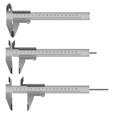 Gerçekçi detaylı 3d Vernier kumpas ve ölçek küme. Vektör