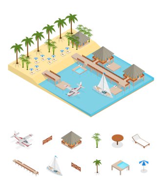 Bungalov Yalı izometrik görünümünde. Vektör