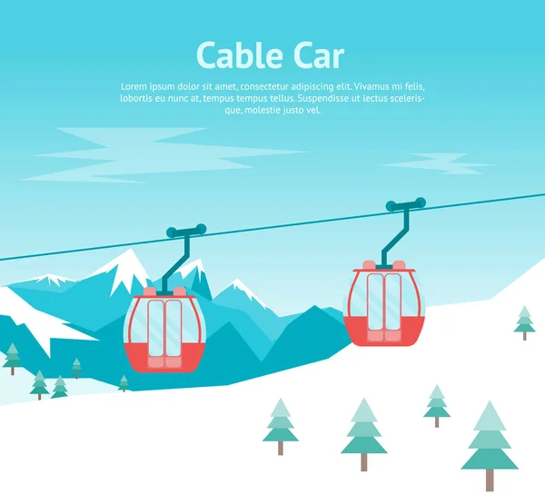Cartoon Car Cabins Cableway in Mountains Card Poster. Vector — Stock Vector