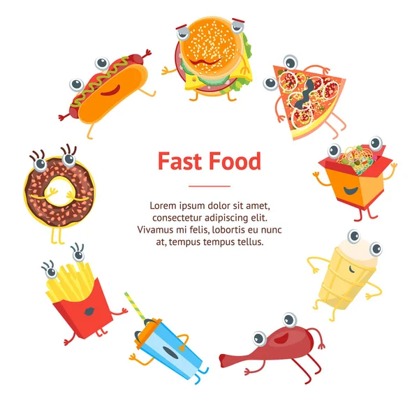 Cartoon-Farbe Fast-Food-Figuren Banner Karte Kreis. Vektor — Stockvektor