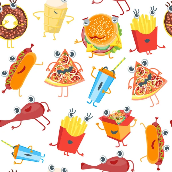 Cor dos desenhos animados Fast Food Personagens fundo padrão. Vetor — Vetor de Stock