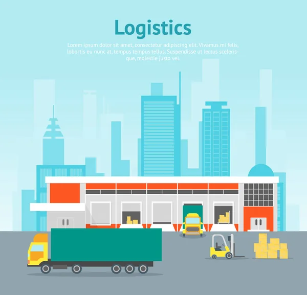 Cartoon magazijn distributie logistiek Card Poster. Vector — Stockvector