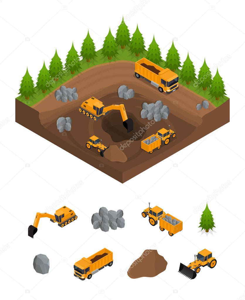 Construction Quarry with Excavators and Equipment Isometric View. Vector