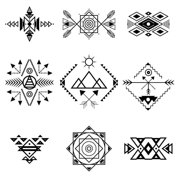 Aztec stylu Ornament czarny cienka linia Icon Set. Wektor — Wektor stockowy