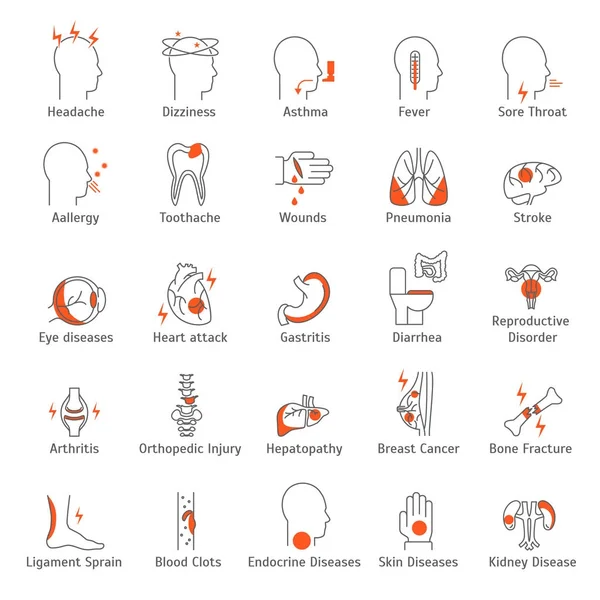 인간의 질병 징후 선 아이콘 세트입니다. 벡터 — 스톡 벡터