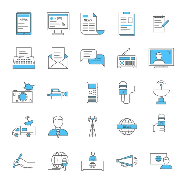 Mass Media e Jornalismo Thin Line Icon Set. Vetor — Vetor de Stock