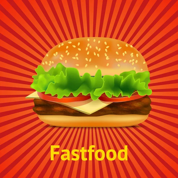 現実的な詳細なファーストフードのハンバーガー カード ポスター。ベクトル — ストックベクタ