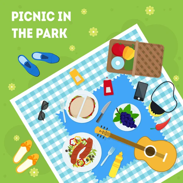 Cartoon Summer Picnic in Park Basket Card Poster. Vettore — Vettoriale Stock