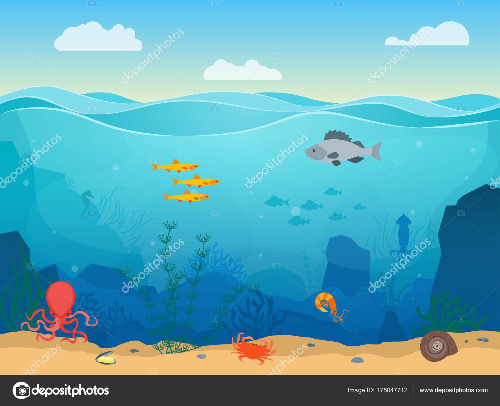 Dessin animé mer Nature sous marine sc¨ne couleur fond Web Design plat avec le sable les algues et les poissons Illustration vectorielle du paysage