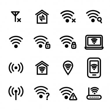 WiFi Wreless siyah ince çizgi Icon Set. Vektör
