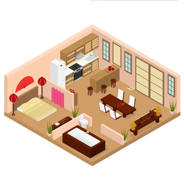 Appartement Style Japonais Intérieur avec Meubles Vue Isométrique. Vecteur — Image vectorielle