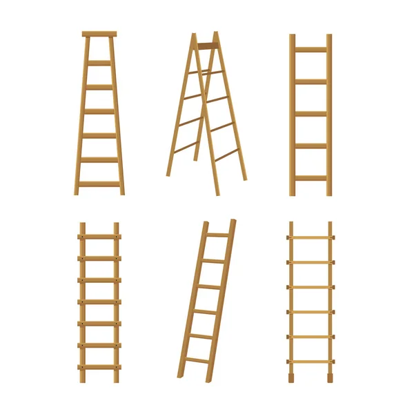 Realistic Detailed 3d Wooden Stairs Ladders Different Types Set. Vector — Stock Vector
