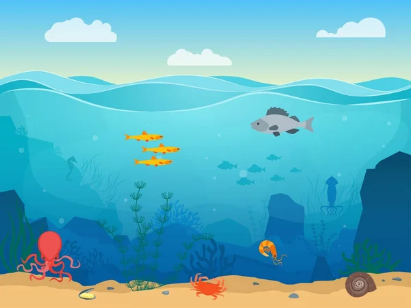 Cartoon zee onderwater scène kleur achtergrond. Vector — Stockvector