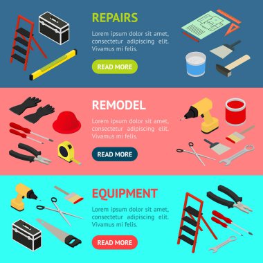 Ev onarım afiş yatay ayarlama izometrik görünümü. Vektör