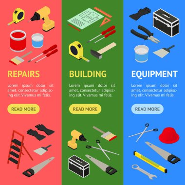 Ev onarım afiş Vecrtical Set izometrik görünümü. Vektör