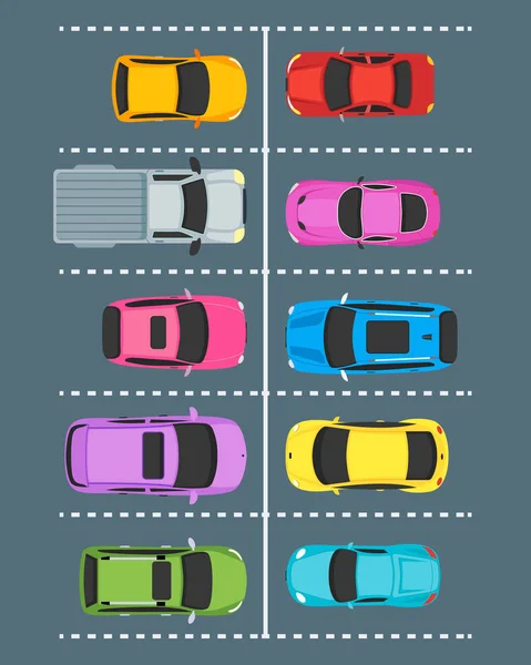 Zone di parcheggio dei cartoni animati con auto vista dall'alto. Vettore — Vettoriale Stock