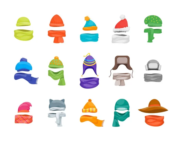 Мультфільм Колір Зимові капелюхи та шарфи Набір піктограм головного убору. Векторні — стоковий вектор