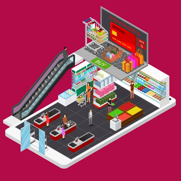 On-line mobilní nakupování pojem E-commerce 3d izometrický pohled. Vektor — Stockový vektor