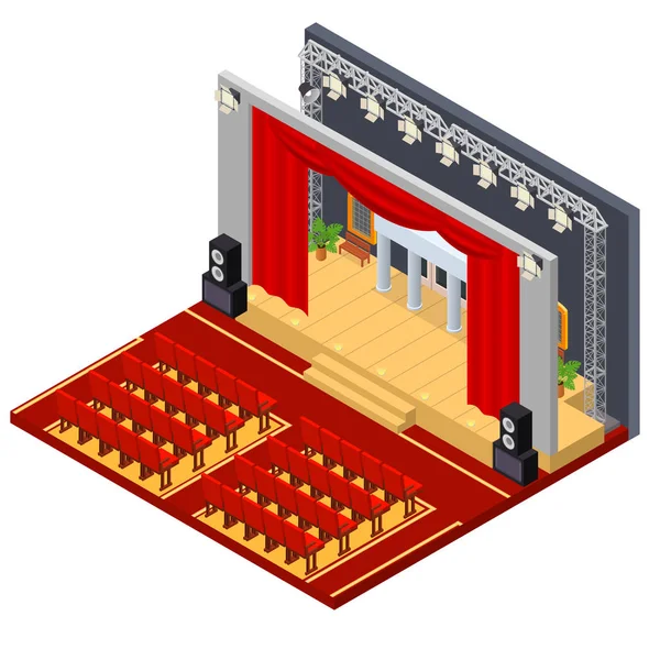 Theaterinnenraum mit isometrischer Ansicht der Möbel. Vektor — Stockvektor