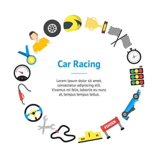 Cartoon Car Racing Banner Card Circle. Vettore — Vettoriale Stock