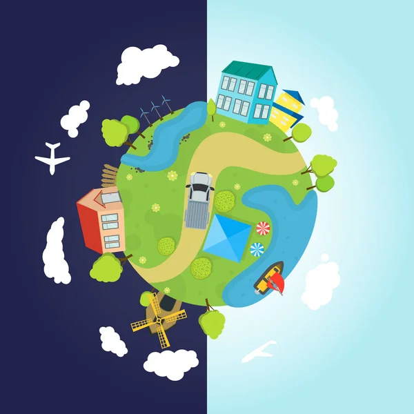 Cartoon Planet Earth with Houses, Ocean, Roads. Vektor - Stok Vektor