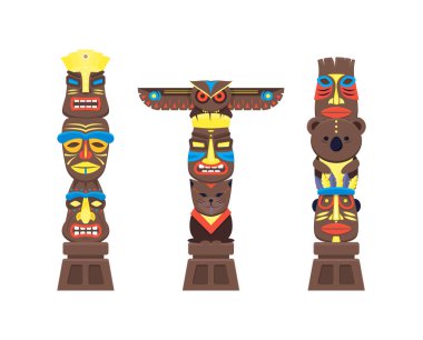 Çizgi film geleneksel dini Totem renk sütunları kümesi. Vektör