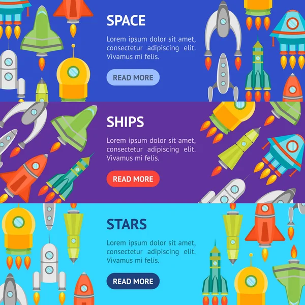 Cartoon Space Ship ou Rocket Banner Horizontal Set. Vetor — Vetor de Stock