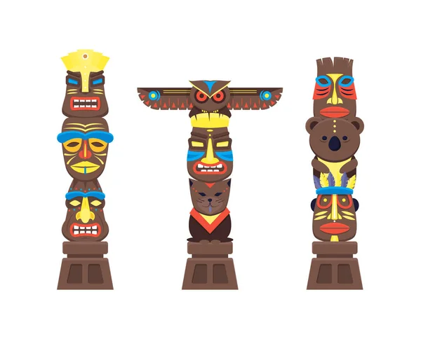 Cartoon traditionele religieuze Totem kolommen kleurset. Vector — Stockvector