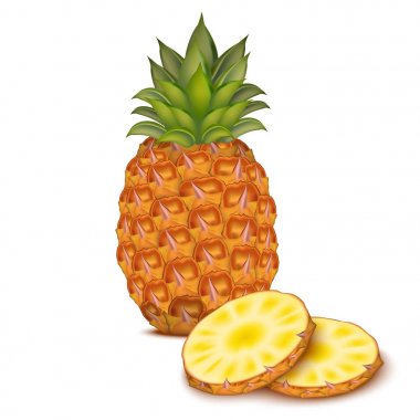 Gerçekçi detaylı 3d tüm ananas ile yuvarlak dilimler. Vektör