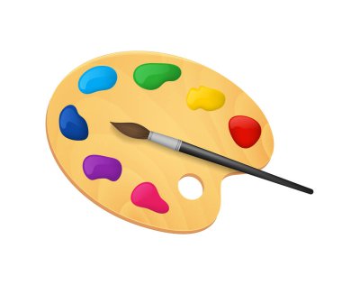 Gerçekçi detaylı 3d ahşap sanat palet boya ve fırça ile. Vektör