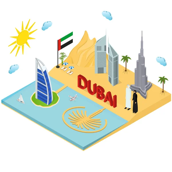 Dubai EAU Travel and Tourism Concept 3d Isomtric View (en inglés). Vector — Vector de stock