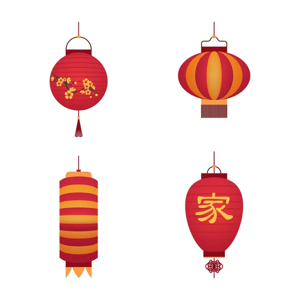 Ensemble de lanterne en papier japonais couleur dessin animé. Vecteur — Image vectorielle