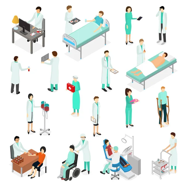 Enfermeras atendiendo a pacientes Iconos Set Isométrico Vista. Vector — Vector de stock